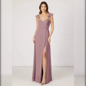 AZAZIE Everett A-Line V-neck Ruched Chiffon Floor-Length Dress EUC (A6)